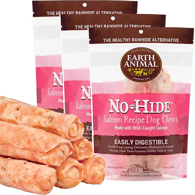 Earth Animal No Hide Medium Salmon Flavored Natural Rawhide Free Dog Chews Long Lasting Chew Sticks | Treats for Large Dogs | Great for Aggressive Chewers (3 Pack)