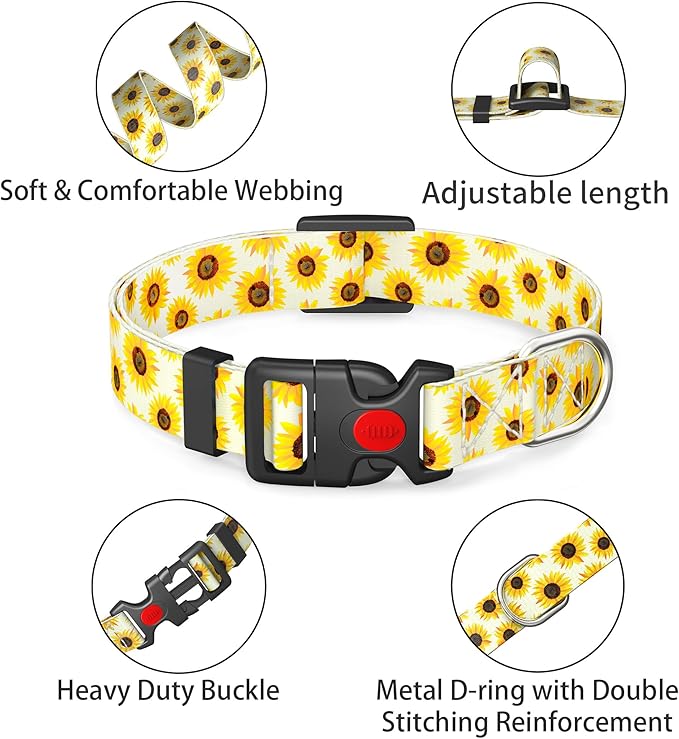 Cute Floral Dog Collar for Small Medium Large Dogs,Girl Female Dog Collars Soft Patterns Adjustable Pet Collar with Quick Release Safety Buckle for Puppy Breed Boy Dogs,Sunflower 2,S