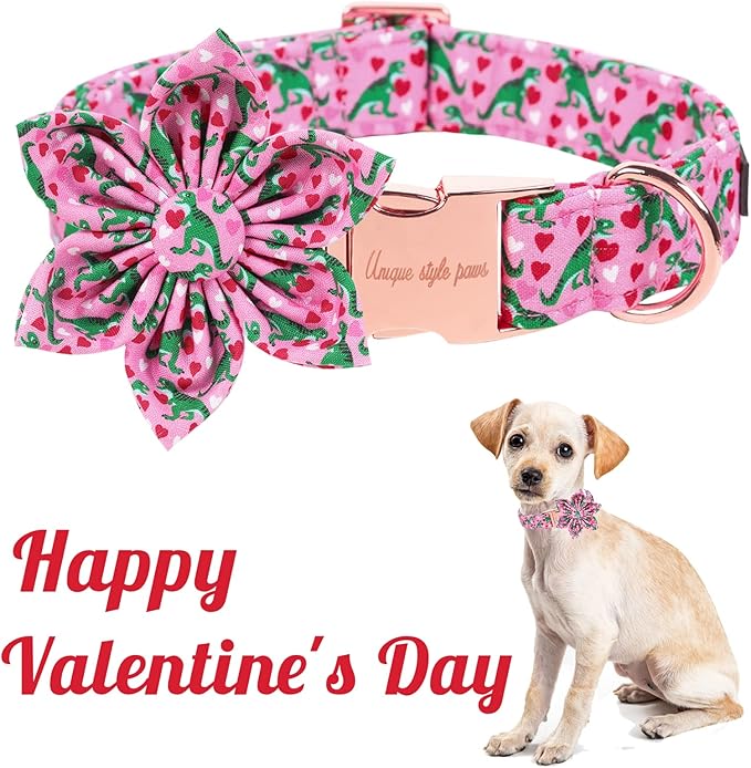 Unique style paws Dog Collar with Flower Tie Pink Dinosaur & Heart Puppy Collar Suitable for Small Medium Large Dogs with Adjustable Safety Metal Buckle for Valentine's Day-XL
