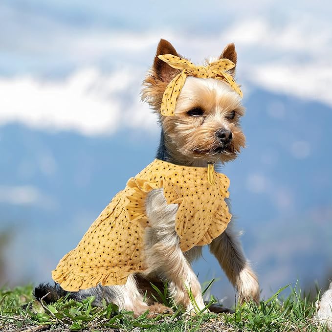 Frienda 2 Pcs Dog Dress Princess Floral Summer Puppy Dress with Bows Headband for Dog Cat Birthday Party Holiday Hawaiian Mermaid, Red and Yellow(L)