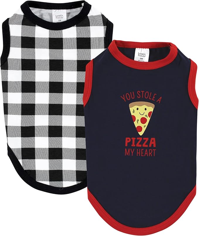 Luvable Friends Dog Pet Dog and Cats Cotton T-Shirts 2pk, Pizza Plaid, Large