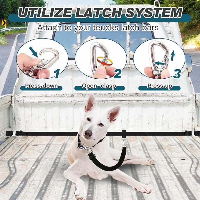 Truck Bed Dog Leash System for One Dog Pickup Tether Tie Down Car Harness Belt Heavy Duty Adjustable Safety Canine Leash for Pickup SUV Truck Outdoor Bed