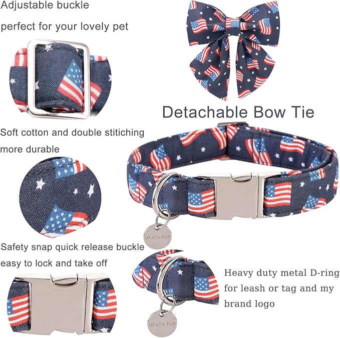 Patriotic Dog Collar with Bow Tie, 4th of July Bowtie Dog Collar, American Flag Collar for X-Large Boy Girl Dog, Comfortable Summer Bowtie Collar with Metal Buckle, XL