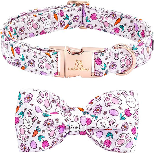 Lionheart glory Dog Bow Collar Easter Day Dog Collar for Medium Dogs,Easter RabbitsEggs Colorful Dog Collars with Bowtie Spring Bunnies Carrots Collars Pet Collar Bows
