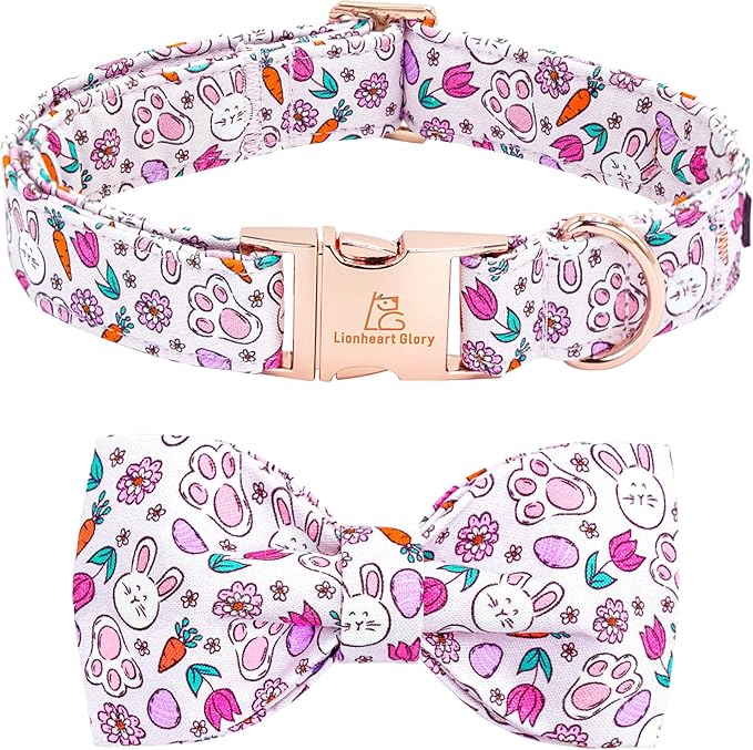 Lionheart glory Dog Bow Collar Easter Day Dog Collar for Small Dogs,Easter Rabbits Eggs Colorful Dog Collars with Bowtie Spring Bunnies Carrots Collars Pet Collar Bows