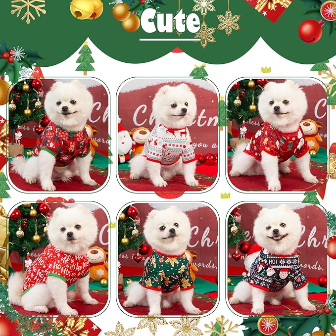 6 Pieces Christmas Dog Clothes for Small Dogs, Soft and Breathable Pet Shirt, Winter Puppy Kitten Vest Printed Dogs Shirts, Christmas Snowman Santa Claus Reindeer Dog T-Shirts for Pet Cats