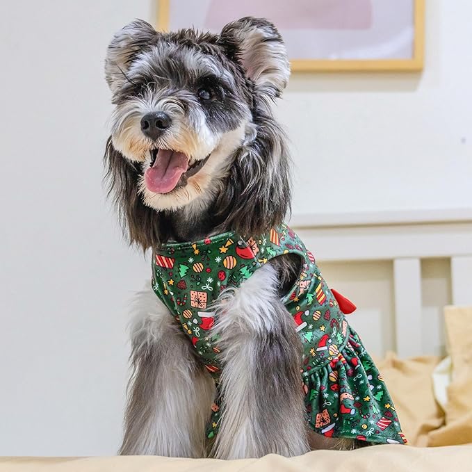 CuteBone Christmas Dog Dresses Outfit Velvet Holiday Small Dogs Clothes Onesie Pet Apparel Girl Puppy Skirt with Bow Hair Rope CVA33S