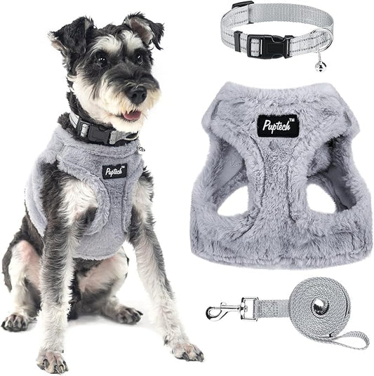 PUPTECK Adjustable Dog Harness Collar and Leash Set Step in No Pull Pet Harness for Small Medium Dogs Puppy and Cats Outdoor Walking Running, Soft Mesh Padded Reflective Vest Harnesses, Plush Grey XS