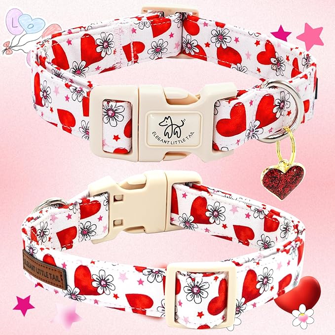 Elegant little tail Valentine's Dog Collar, Flower Pink Heart Dog Collar for Small Dogs, Female or Male Adjustable Cotton Pet Collar with Quick Release Buckle for Small Medium Large Dogs