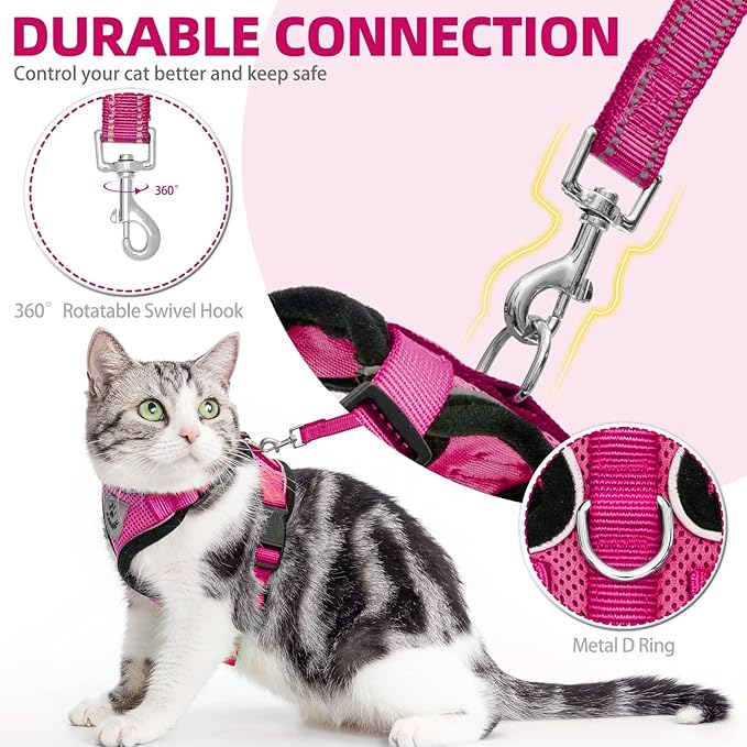 PUPTECK Cat Harness and Leash Set Escape Proof Reflective Cat Walking Harness Adjustable Soft Breathable Mesh Vest for Small Pets, Deep Pink, M