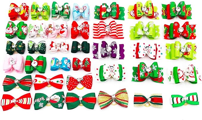 PET SHOW 20pcs Christmas Dog Hair Bows with Rubber Bands for Small Medium Dogs Xmas Holiday Puppies Cats Kittens Rabbits Topknot Grooming Costumes Hair Accessories
