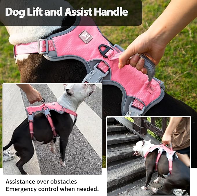 Escape Proof Harness, No Slip Dog Harness Escape Proof, Reflective Harness with Handle, Breathable, Durable, Adjustable Vest for Large Dogs Walking, Training, and Running Gear (Pink,L)