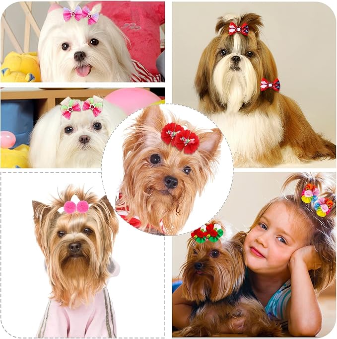 100pcs Dog Hair Bows, Bulk Pet Small Dog Bows Girl with Rubber Bands, Tiny Dog Hair Grooming Bows, Mix Dainty Puppy Dog Bows, Handmade Yorkie Dog Bows for Dog Hair Accessories