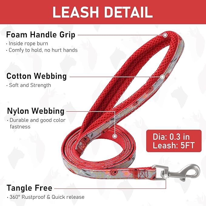 GAMUDA Small Dog Harness Collar and Leash Set, Step in No Chock No Pull Soft Mesh Adjustable Dog Vest Harnesses Plaid Reflective for Dogs Puppy Cats Kitten Rabbit (Red Flower, M)
