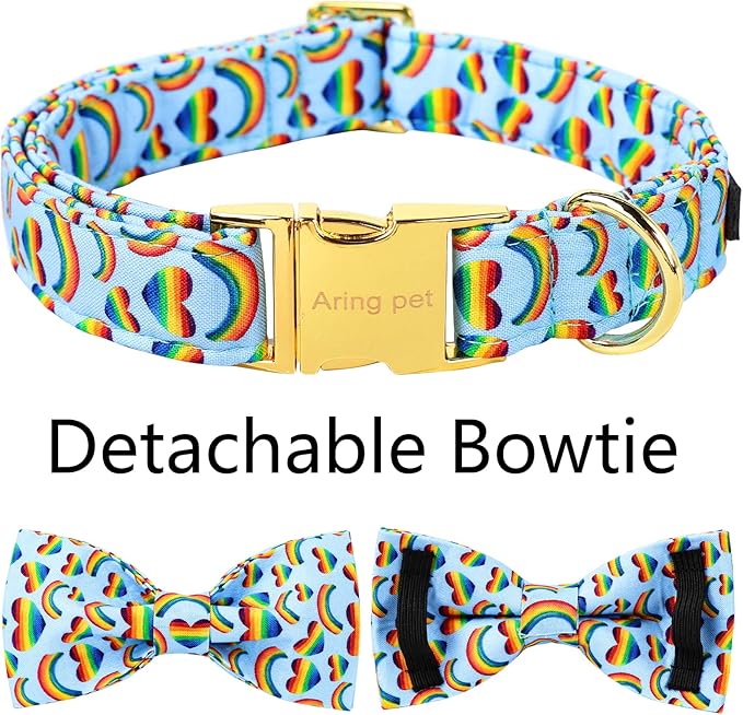ARING PET LGBTQ Dog Collar, Cotton Rainbow Heart Dog Collar with Bow, Adjustable Pride Dog Collar Bowtie with Metal Buckle for Small Medium Large Dogs