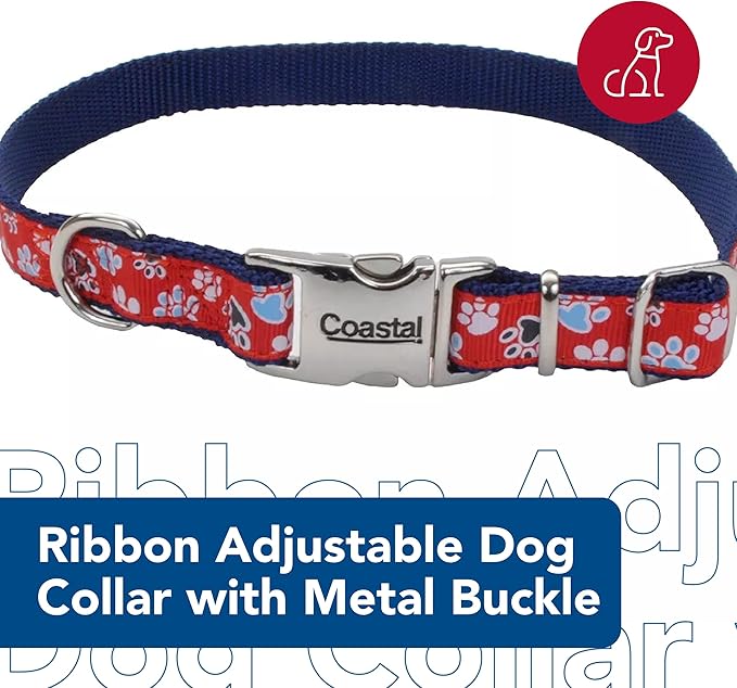 Coastal Pet - Ribbon - Adjustable Dog Collar with Metal Buckle, Red with Paws, 5/8" x 08"-12"