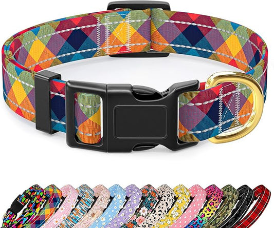 Reflective Dog Collar for Large Dogs, Cute Boho Adjustable Heavy-Duty Nylon Puppy Collar for Boy and Girl Female, Soft Pet Accessories with Quick Release Buckle, Colorful Tartan