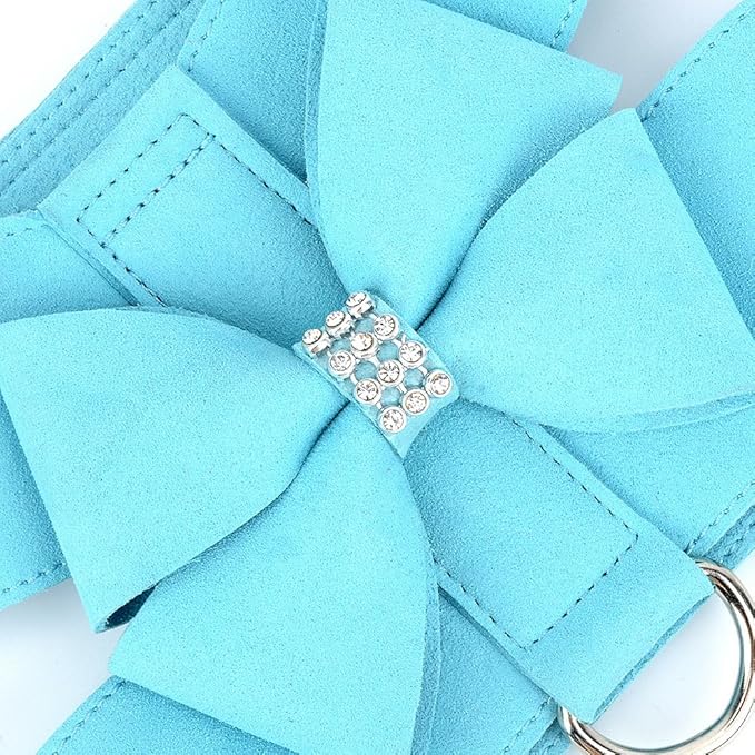 SELMAI Bling Rhinestone Dog Harness Bow Girls Soft Suede Leather for Small Pet Puppy Doggie Cat Girls Vest Collar Leash Set Adjustable/No Pull Chihuahua Yorkie Harness Walking Running Blue S