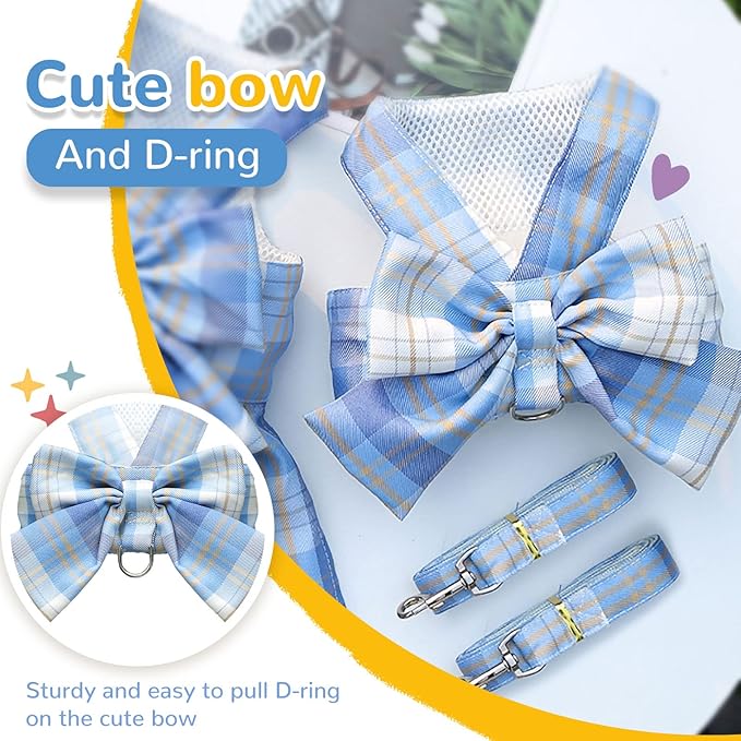 Dog Harness for Small Dogs with Bow Small Harness for Girl Dogs with D-Ring Soft Mesh Adjustable Harness Set Puppy Pet Harness and Leash