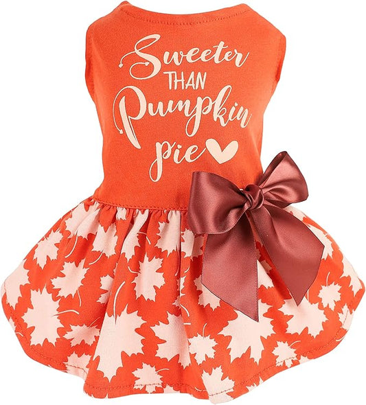 Fitwarm Thanksgiving Sweeter Than Pumpkin Pie Dog Dress 100% Cotton Puppy Costumes Pet Clothes Holiday Girl One-Piece Doggy Outfits Tank Top Vest Dresses Cat Apparel Orange XXS