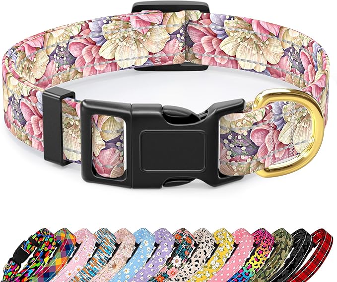 Reflective Dog Collar for Extra Small Dogs, Cute Flower Theme Adjustable Heavy-Duty Nylon Puppy Collar for Boy and Girl Female, Soft Pet Accessories with Quick Release Buckle, Colorful Floral