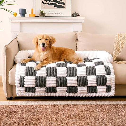 FUNNY FUZZY Couch Cover for Dogs, Loveseat Covers Bed for Large Dogs Cream Plaid Washable Pet Mat for Furniture Protector for Car Seat, X-Large, Black