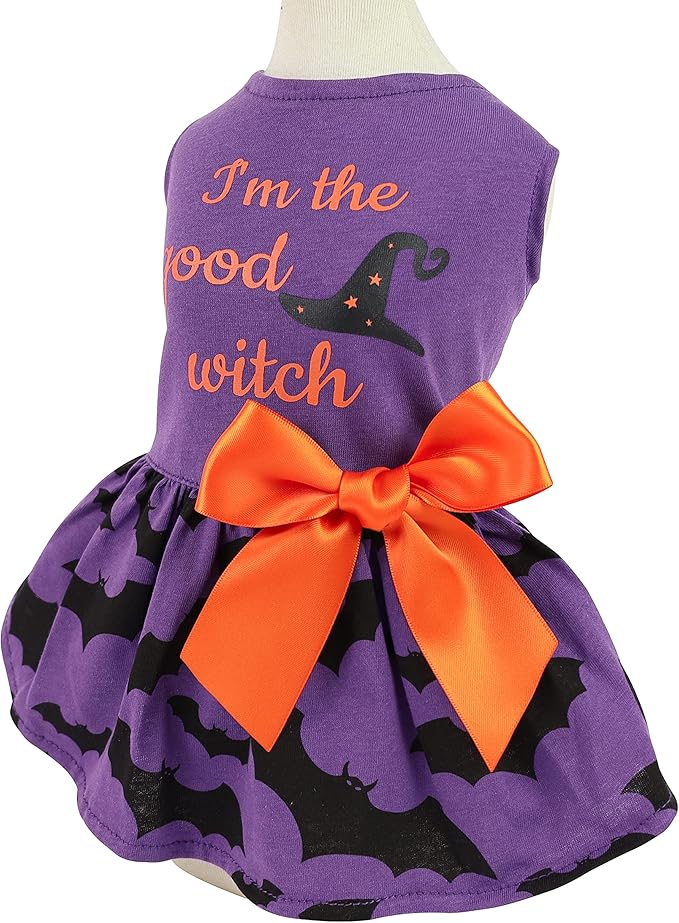 Fitwarm 100% Cotton I'm The Good Witch Halloween Dog Costume Puppy Dress Doggie Party One Piece with Bowknot Pumkin Bat Pet Vest Shirt Holiday Cat Outfits Purple Medium