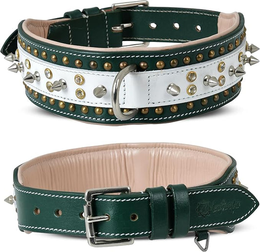 Genuine Leather Dog Collar by Leatherific, Premium Bridle Leather, Heavy Duty, Padded, Strong, Screwed Spikes, Medium, Large, Extra Large Breeds, 2" Wide (Forest Green, Neck Size 14"-18")