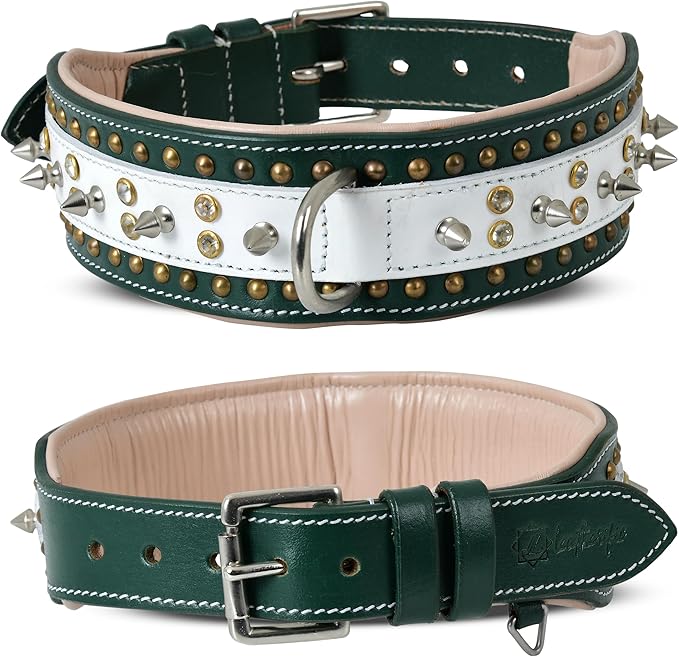 Genuine Leather Dog Collar by Leatherific, Premium Bridle Leather, Heavy Duty, Padded, Strong, Screwed Spikes, Medium, Large, Extra Large Breeds, 2" Wide (Forest Green, Neck Size 18"-22")