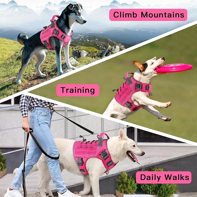 WINGOIN Tactical Dog Harness for Extra Large Dogs, Heavy Duty No Pull Dog Harness with Handle, Adjustable Reflective Military K9 German Shepherd Big Dog Vest for Training, Walking, Pink (XXL)