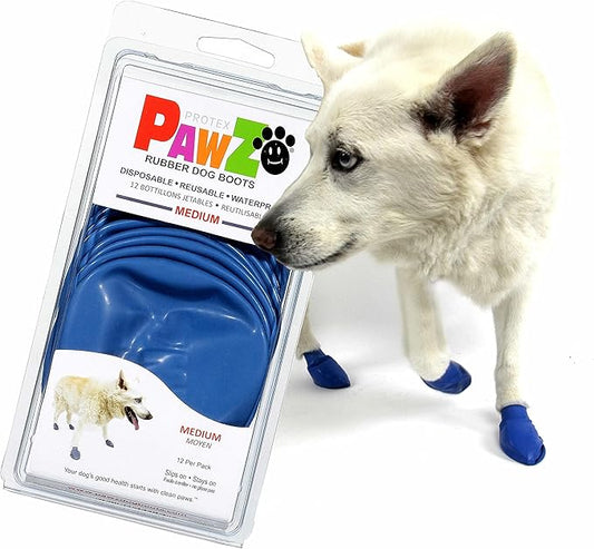 PawZ Rubber Dog Boots for Paws to 3" - All-Weather Dog Booties for Hot Pavement, Sand, Snow, Mud, and Rain - Anti Slip Dog Socks - M, Blue