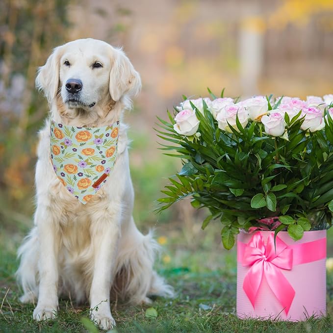 ADOGGYGO Floral Dog Bandana, Red Yellow Rose Pet Scarf, Adjustable Fit Flower Bandanas for Medium Large Dogs Pets (Large)