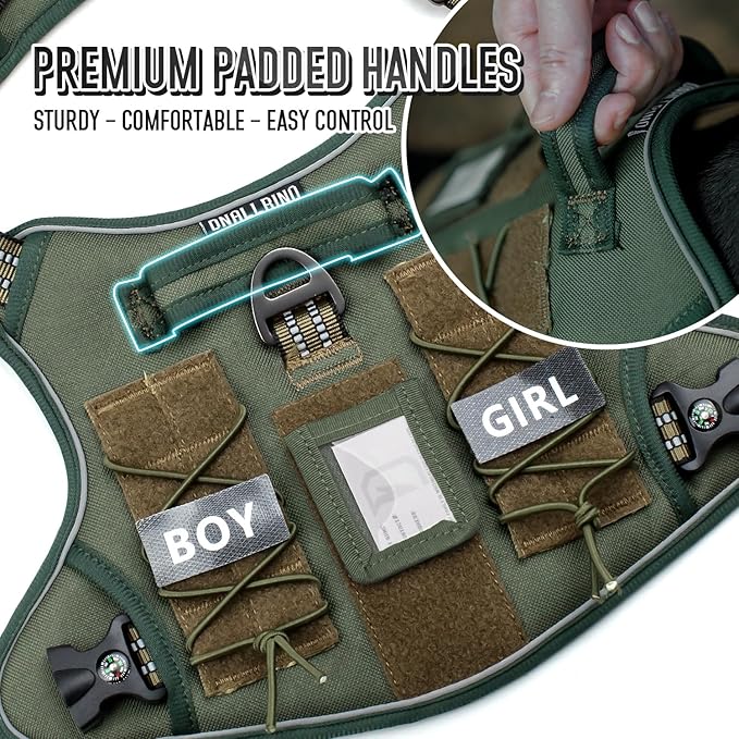 Tactical Dog Harness for Medium Large Dogs, Green Dog Harness with ID Card, Reflective Hiking Harness for Training Easy Control Dog Vest with Handle Green