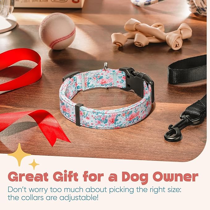 Dog Collar for Medium & Large Dogs - Rose Flowers Cotton Padded Pattern on Long Lasting, Adjustable, Strong and Durable Collars - Choose from Stunning Patterns and Colors