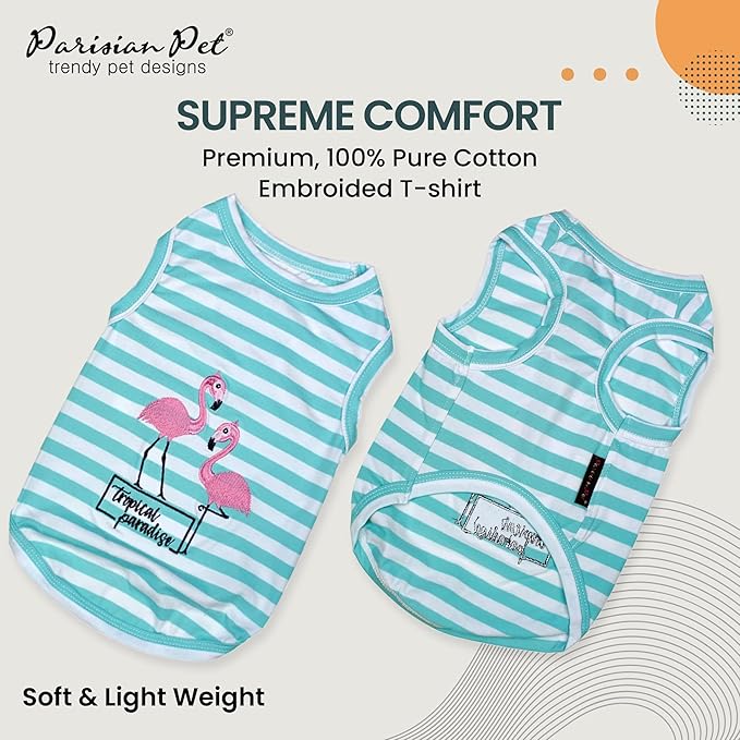 Parisian Pet Dog Tshirt - Embroidered “ Flamingos “ Tank Top - 100% Cotton and Lightweight Dog Clothes - Sleeveless Tee Shirts - Machine Washable Shirt for Large Dogs - Pet Vest - 3XL