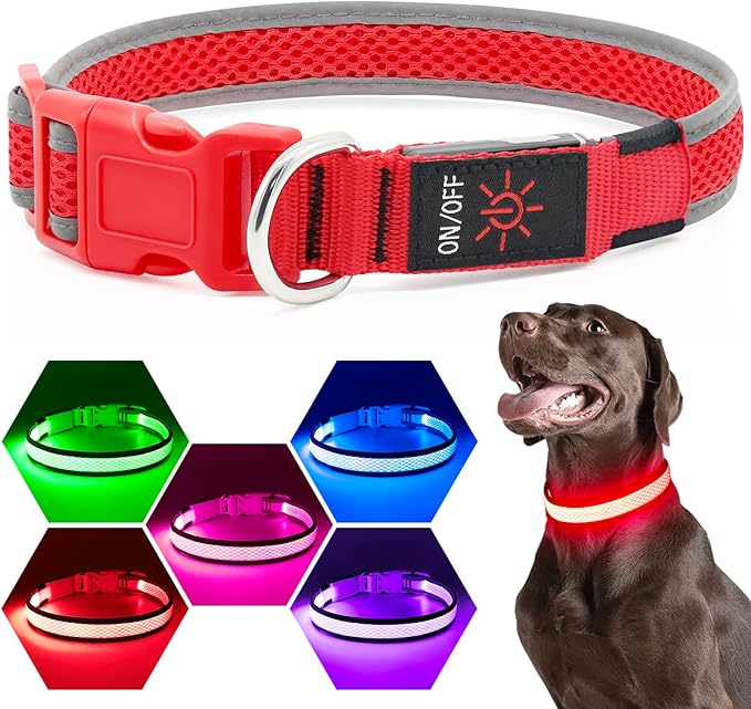 Flashseen LED Dog Collar, USB Rechargeable Light Up Dog Collar Lights, Adjustable Comfortable Soft Mesh Safety Dog Collar for Small, Medium, Large Dogs(Small, Ruby Red)