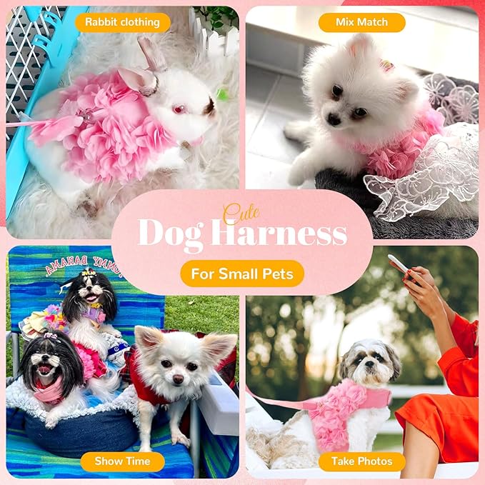 Cute Small Dog Harness and Leash Set Pink Lace Floral Girl Puppy Harness for Small Dogs Cats Soft Mesh Small Sized Dog Vest Harness Escape Proof Pet Cat Harness Outfits