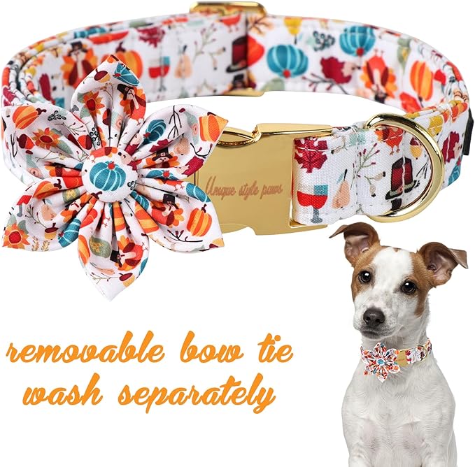 Unique Style Paws Cotton Thanksgiving Dog Collar with Bow Halloween Pumpkin Plaid Dog Collar with Bow Tie for Small Medium Large Dogs Pets Gifts