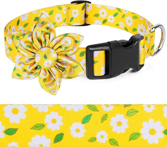 Daisy Yellow Girl Dog Collar Cute Dog Collars with Bow for Large Dogs Floral Colored Options Soft and Fancy Dog Collars for Flower Pattern for Boy/Girl Dog Collar L