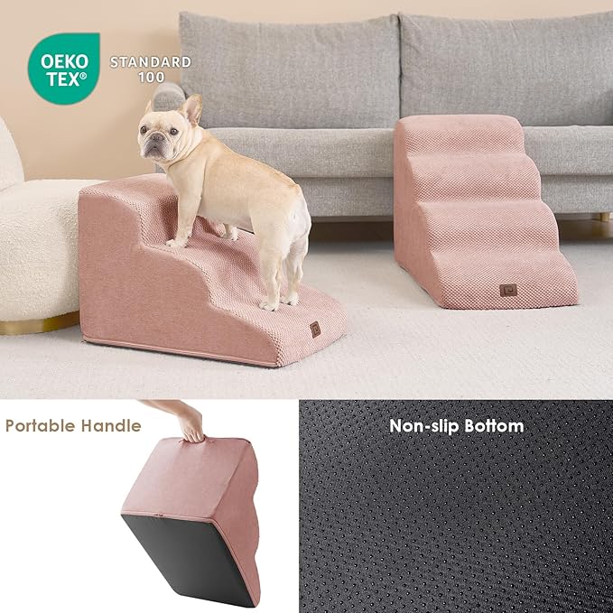 EHEYCIGA Curved Dog Stairs Ramp for Small Dogs 15.7" H, 3-Step Dog Steps for Couch Sofa and Chair, Pet Stairs for Cats, Non-Slip Balanced Pet Steps Indoor, Dusty Pink