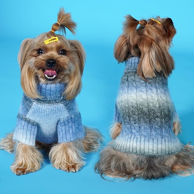 KYEESE Dog Sweater Cable Knit Thick Dog Knitwear Turtleneck Warm with Sleeves Fuzzy Dogs Clothes Gradient Color, Blue, Large