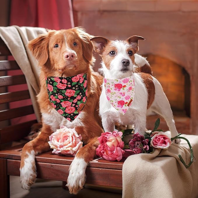 ADOGGYGO Floral Dog Bandana 2 Pack, Reversible Red Pink Rose Pet Scarf Bib, Adjustable Fit Cute Floral Bandanas for Extra Large Dogs Pets (X-Large)
