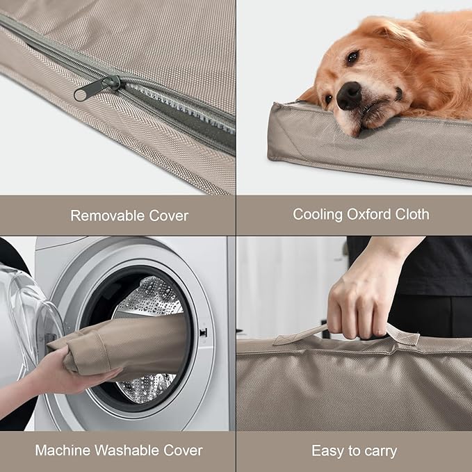 Dog Crate Bed Washable Dog Beds for Large Dogs, Big Waterproof Orthopedic Dog Bed with Egg Crate Foam Pet Bed Mat, Removable Oxford Cooling Cover, Khaki