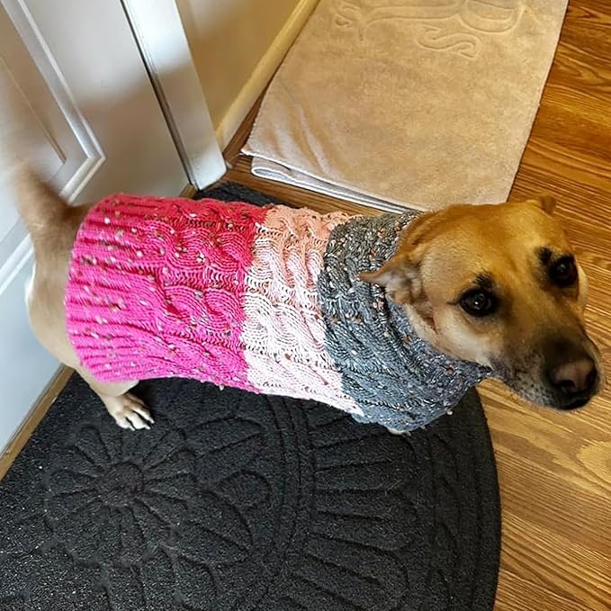 KYEESE Dog Sweater Color Block with Fuzzy Thread Knitted Turtleneck Dog Knitwear with dots in a Variety of Colors for Small Dogs Fall Winter Dog Clothes, Pink, L