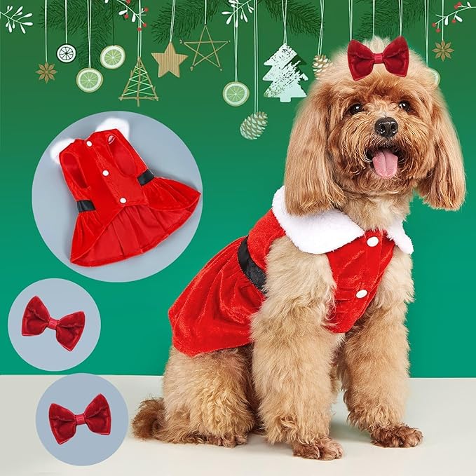 Dog Christmas Red Velvet Dress Cute Puppy Xmas Outfits Santa Claus Cat Skirt with 2 Bow Accessories Thermal Winter Warm Dog Clothes Coat Holiday Costumes(X-Large)