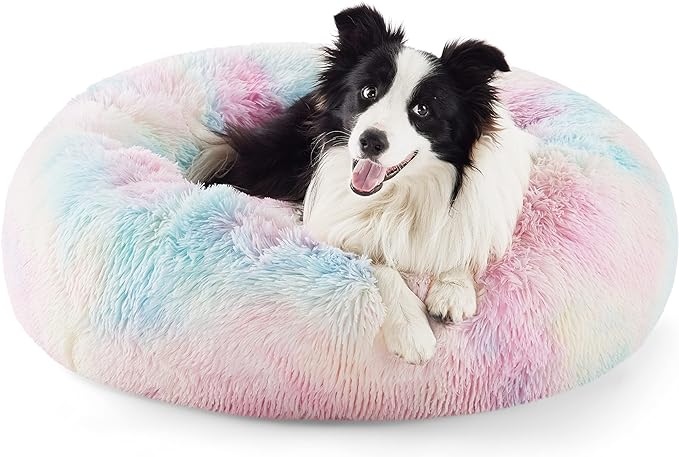 Bedsure Calming Dog Bed for Large Dogs - Donut Washable Large Pet Bed, Anti-Slip Round Fluffy Plush Faux Fur Dog Bed, Fits up to 100 lbs Pets, Multi-Colored, 36 inches