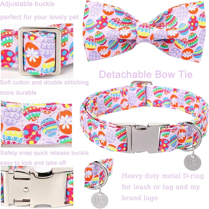 Easter Dog Collar with Bow Tie, Cotton Easter Bowtie Collar for Large Girl Boy Dog, Colorful Easter Eggs Pet Collar with Metal Buckle, Easter Gift Dog Collar, S