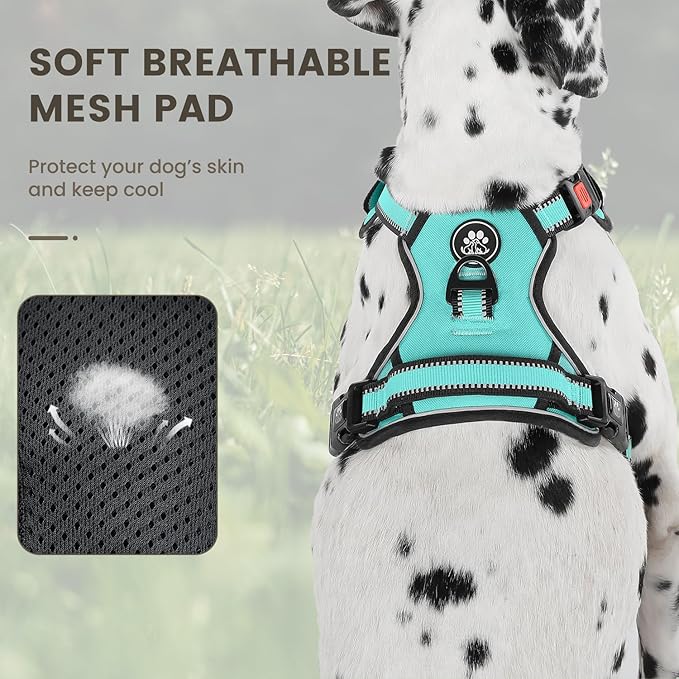 FURRYFECTION Dog Harness | No Pull Dog Harness | Reflective Oxford | Padded Handle | 4 Adjustable Straps | 2 Leash Clips | No Choke Pet Vest Harness for Small Medium Large Dogs | Turquoise | M