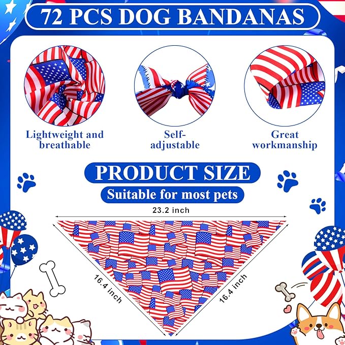 72 Pcs 4th of July Dog Bandanas Bulk Independence Day Triangle Scarf Patriotic Cat Bibs Puppy Scarf Red White and Blue Pet Bandanas for Puppy Cat Birthday Party Costume