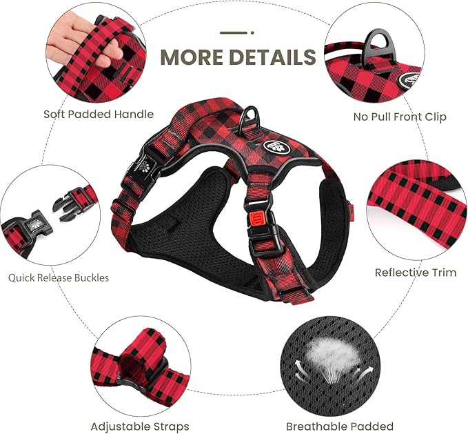 FURRYFECTION Plaid Dog Harness for Large Dogs | No Pull Reflective Pet Harness | No Choke Adjustable Dog Vest Harnesses | with Leash | Easy Control Handle | Front Lead | Seat Belt | Red&Black | L